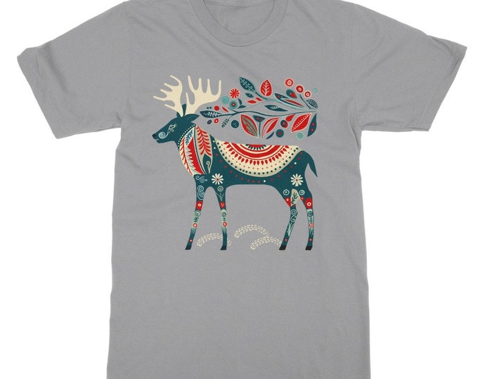 Boho Minimalist Folk Art Reindeer Classic Adult Cotton T-Shirt