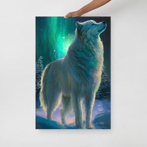 Fairycore Faithful Friend Thin canvas 24”x 36” Arctic Wolf, Aurora Borealis, Northern Lights