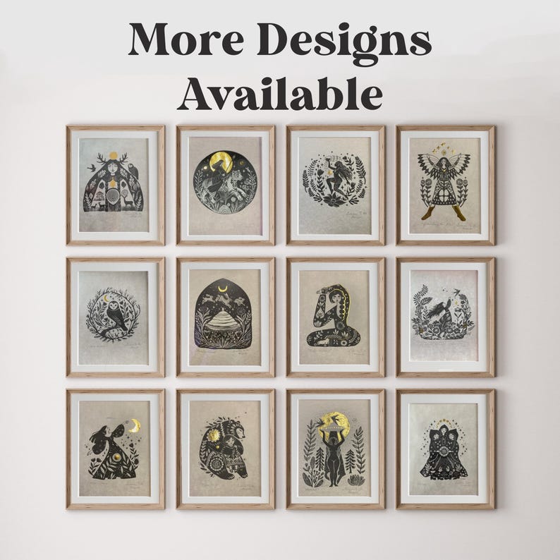 May include: A collection of framed art prints with a mystical theme. Each print features black and gold illustrations of celestial and nature-inspired designs, including moons, animals, and figures. The text "More Designs Available" is at the top.