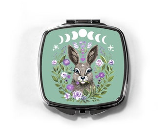 Compact Mirror with Moon Phase Hare, Folk Art Hare