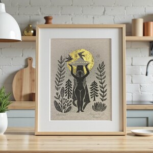 Folk Art Goddess UFO Print, Linocut Illustration on Parchment image 8