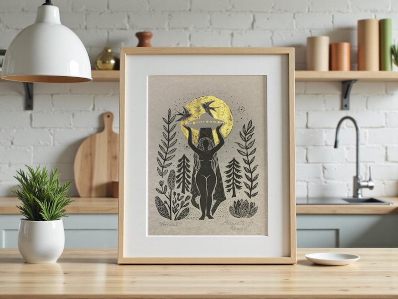 Folk Art Goddess UFO Print, Linocut Illustration on Parchment image 8