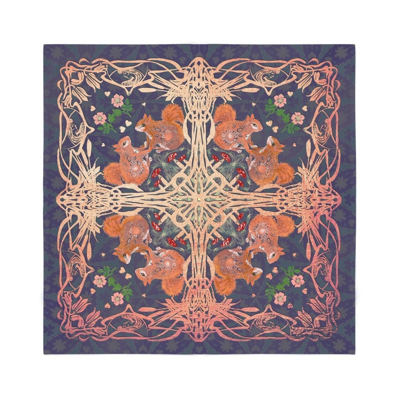 Sacred Altar Cloth, Red Squirrel Art Nouveau Tarot Cloth,, Altar Cloth/ Crystal Grid image 1