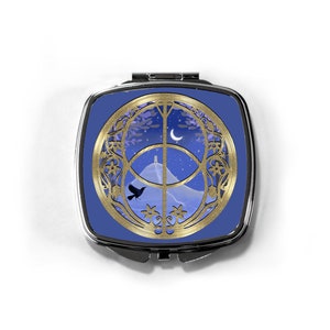 Specchio compatto in custodia, Chalice Well e Glastonbury Tor, Avalon Gift, design blu e oro