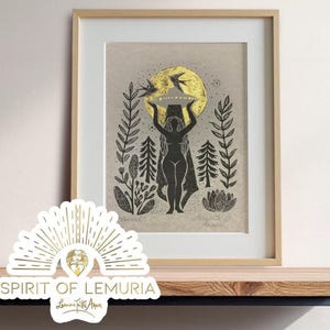Folk Art Goddess UFO Print, Linocut Illustration on Parchment Gold Foiled Sun