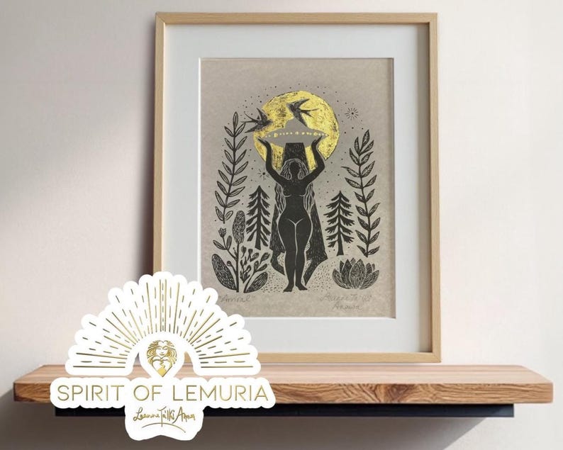 Folk Art Goddess UFO Print, Linocut Illustration on Parchment Gold Foiled Sun