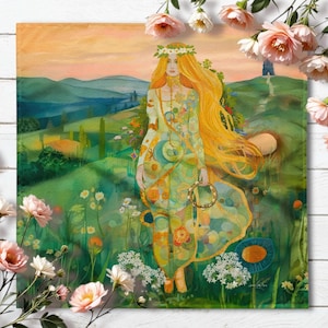 Könnte beinhalten: Ein Gemälde einer Frau mit langen blonden Haaren, die ein Blumenkleid und eine Blumenkrone trägt. Sie steht auf einem Blumenfeld und hält ein Tamburin. Der Hintergrund ist eine Landschaft mit Hügeln und einem Sonnenuntergang.
