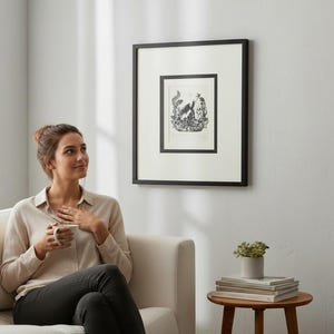 May include: A framed black and white artwork hangs on a white wall. The artwork features a detailed illustration within a black frame. A woman sits on a white sofa, holding a mug. A small wooden side table holds books and a potted plant.