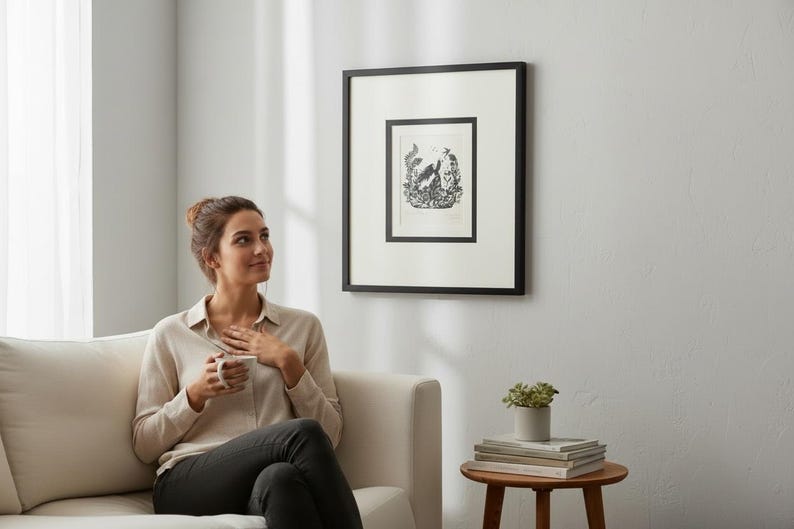 May include: A framed black and white artwork hangs on a white wall. The artwork features a detailed illustration within a black frame. A woman sits on a white sofa, holding a mug. A small wooden side table holds books and a potted plant.