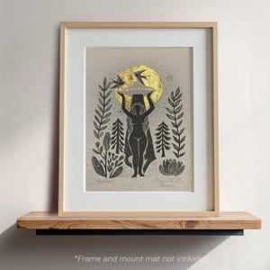 Folk Art Goddess UFO Print, Linocut Illustration on Parchment image 5