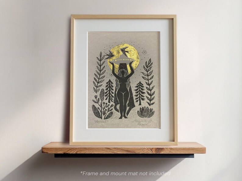 Folk Art Goddess UFO Print, Linocut Illustration on Parchment image 5