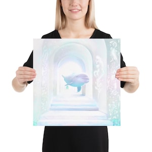 Poster con dipinto di delfini, Tempio sottomarino "Tempio eterico di luce arcobaleno", poster quadrato su carta fotografica, arte del linguaggio della luce, arte pacifica