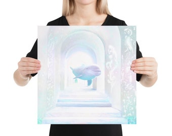 Delfinmalerei Poster Unterwassertempel ‚Ätherischer Tempel des Regenbogenlichts‘ Quadratisches Fotopapier Poster, Lichtsprache Kunst, Friedliche Kunst
