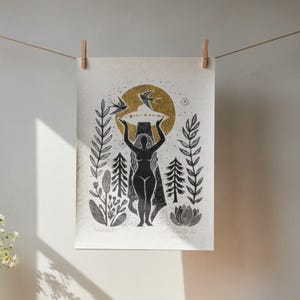 Folk Art Goddess UFO Print, Linocut Illustration on Parchment image 6