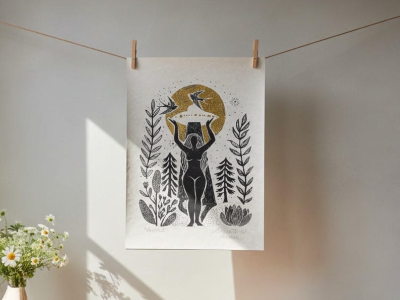 Folk Art Goddess UFO Print, Linocut Illustration on Parchment image 6
