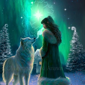 May include: A woman in a green coat with fur trim stands in a snowy forest with a white wolf. The woman is looking at the wolf and the wolf is looking at the woman. The sky is green and there are stars in the sky. The text "(C) Leanne Taki Anawa" is in the bottom left corner of the image.