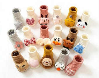Spring Autumn Cotton Non-Slip Crew Socks for Babies | Cartoon Newborn Toddler Floor Grip Socks, Perfect Full Moon 100-Day Baby Gift
