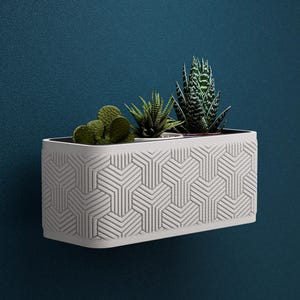 May include: A white rectangular planter with a geometric pattern, holding three different types of succulents. The planter is mounted on a dark teal wall, creating a contrast. The succulents are green and add a natural element.