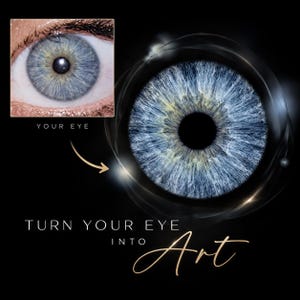 May include: A graphic design featuring a close-up of a blue iris with intricate fiber details, a smaller inset image labeled YOUR EYE, and the text TURN YOUR EYE INTO Art. The composition uses a black background with swirling light effects.