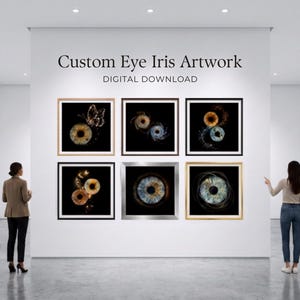 May include: Six framed artworks of custom eye iris designs are displayed on a white wall. The artworks feature detailed iris patterns in various colours against a black background. The text "Custom Eye Iris Artwork" is above the artworks.