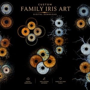 May include: A digital graphic titled CUSTOM FAMILY IRIS ART featuring multiple arrangements of human irises in blue, brown, and hazel tones. The designs include circular clusters, vertical alignments with water splashes, and lightning effects on a black background.
