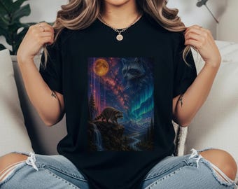 Raccoon Tapestry Wall Hanging, Cosmic Raccoon Wall Art, Aurora Borealis Decor, Galaxy Night Landscape, Fantasy Nature Art Gift