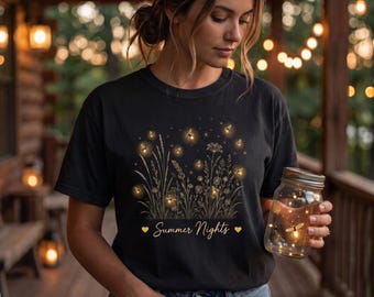 Summer Nights Comfort Colors Shirt, Botanical Firefly Tshirt, Wildflower Graphic Tee, Nature Lover Gift, Cottagecore Summer Top, Boho Tee