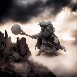 May include: A gray figurine of a wizard holding a glowing orb, set against a backdrop of a castle on a rocky hill and a cloudy sky with a full moon. The wizard wears a cape and carries a sword.