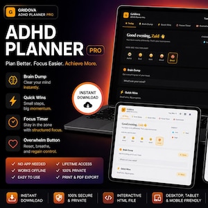 Könnte beinhalten: Ein digitaler ADHD-Planer, angezeigt auf einem Laptop, Tablet und Smartphone. Die Benutzeroberfläche hat ein dunkles Thema mit orangefarbenen Akzenten, einschließlich Abschnitten für Brain Dumps, schnelle Erfolge und Fokus-Timer. Der Text lautet "ADHS Planner Pro."