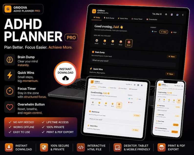 ADHD Planner Pro | Interactive HTML App | Brain Dump | Focus Timer ...