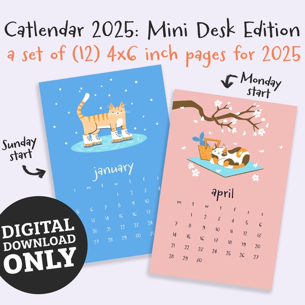 Cute Cat 2025 Printable Desk Calendar, Digital Download, 4x6 Calendar, Cat Illustrations, Printable Calendar