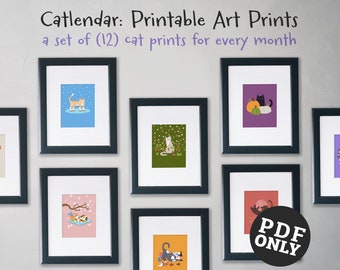 Cat Art Prints Set of 12, Whimsical Feline Illustrations (Digital Download)