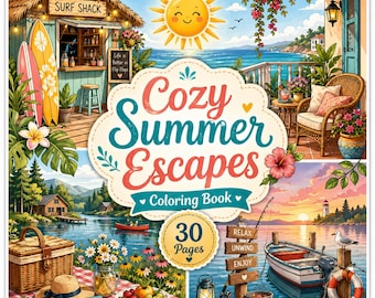 Puede incluir: Ilustración colorida de un libro para colorear "Cozy Summer Escapes". La portada presenta una escena de playa con un surf shack, tablas de surf y el texto "Surf Shack". Otras escenas incluyen un lago, un barco y una puesta de sol. El libro tiene 30 páginas.