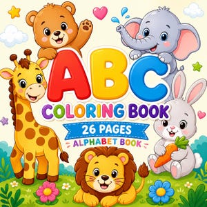 Könnte beinhalten: Ein farbenfrohes Malbuch für Kinder mit den Buchstaben "ABC" in großen, leuchtenden Farben. Das Cover zeigt Zeichentricktiere wie einen Bären, Elefanten, Giraffe, Kaninchen und Löwen. Das Buch ist mit "Malbuch" und "Alphabetbuch" beschriftet.