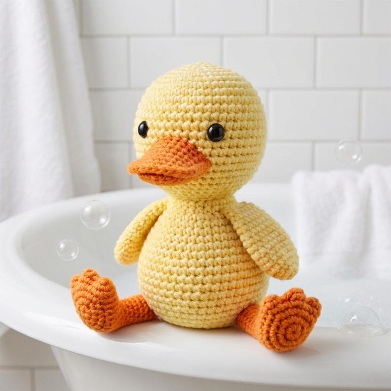 Pu&ograve; includere: Un'anatra all'uncinetto gialla fatta a mano con becco e zampe arancioni e occhi neri. L'anatra &egrave; seduta in una vasca da bagno bianca con bolle. L'anatra &egrave; un morbido peluche.