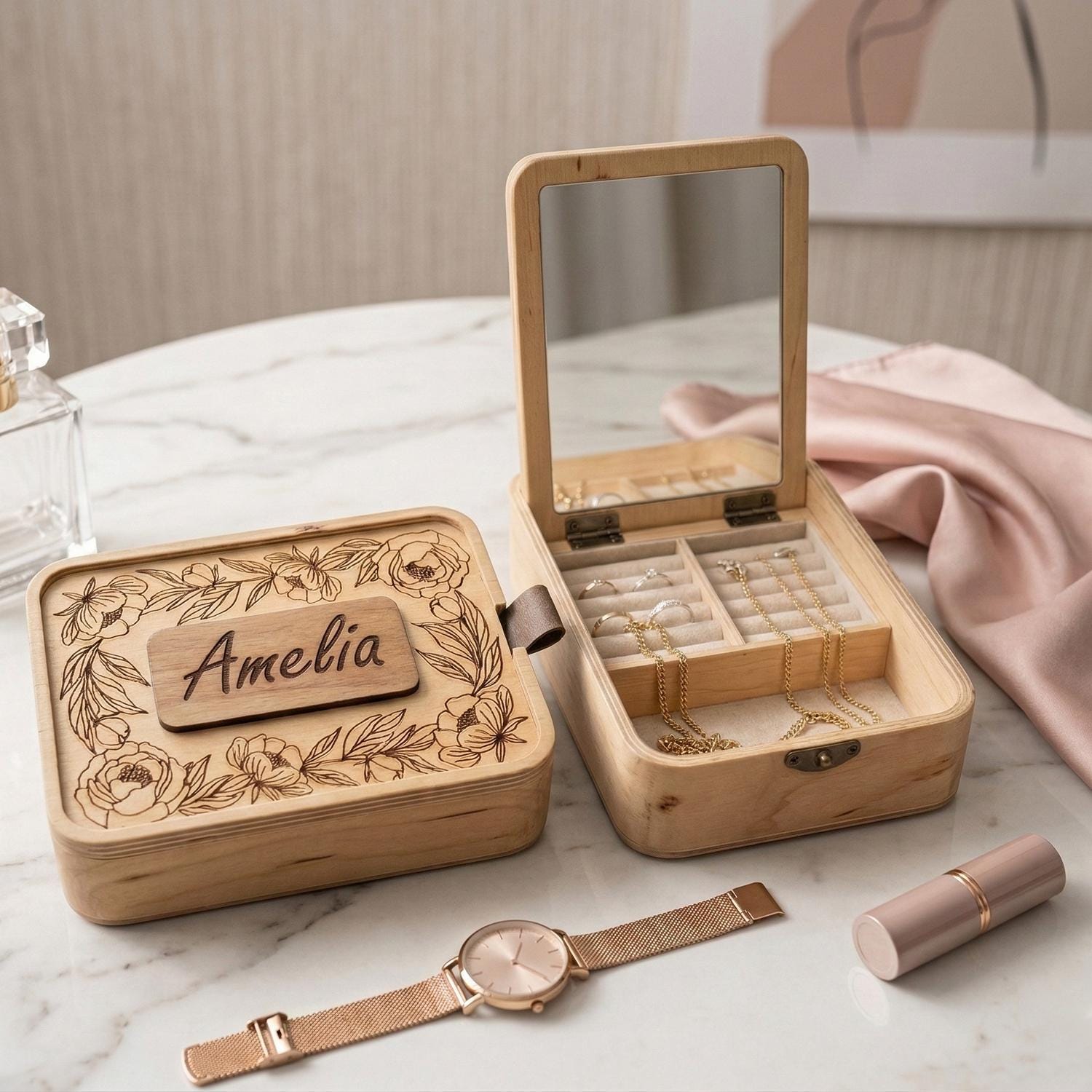 Wooden Jewelry Box With Mirror, Laser Cut Floral Keepsake Organizer ...