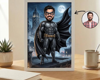 Custom Superhero Caricature From Photo, Personalized Dark Knight Cartoon Portrait, Hero Gift for Him Wall Art