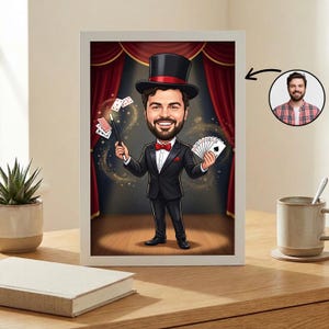 May include: Framed caricature of a magician in a black suit, red bow tie, and top hat, holding a wand and playing cards. The background features red curtains and a spotlight effect. A smaller portrait of a man is in the upper right corner.