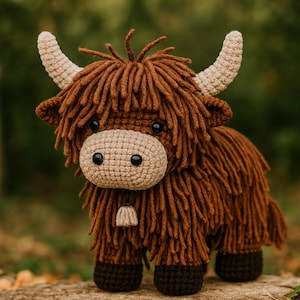 Puede incluir: Un peluche de vaca de las Tierras Altas hecho a mano. El peluche presenta un cuerpo marrón peludo, cuernos beige y un hocico marrón claro. Tiene ojos negros y una pequeña campana. La vaca está de pie sobre una superficie natural.