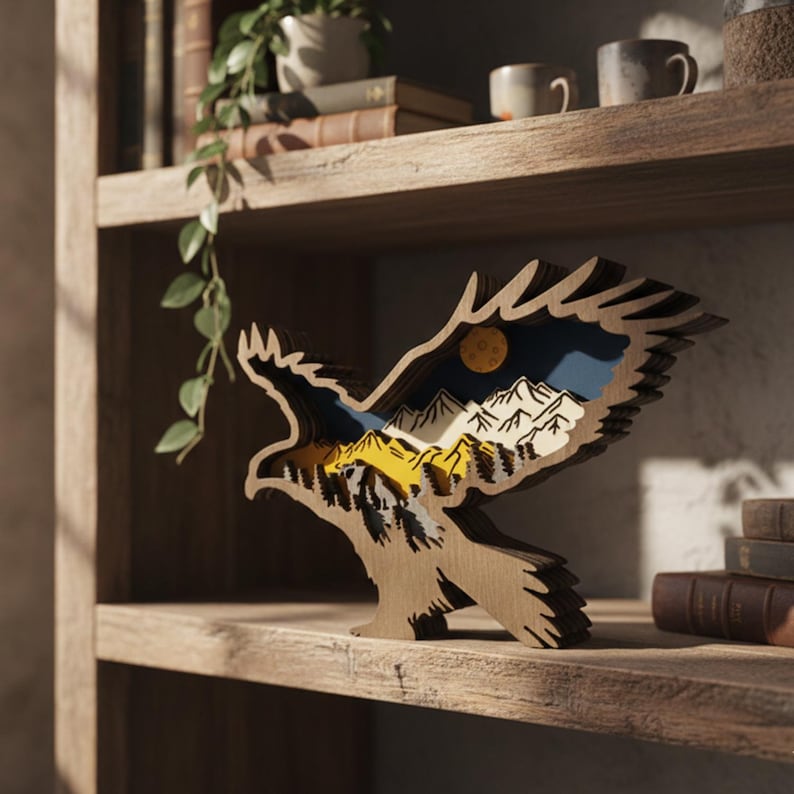May include: A wooden eagle sculpture with a layered design, featuring a mountain and moon landscape in shades of yellow, blue, and white. The eagle is perched on a wooden shelf, showcasing a nature-themed decorative item.