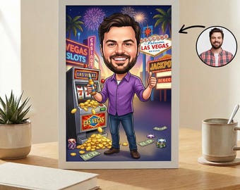Custom Las Vegas Caricature from Photo, Personalized Casino Lover Gift, Vegas Jackpot Cartoon Portrait, Fun Gambling Wall Art Print