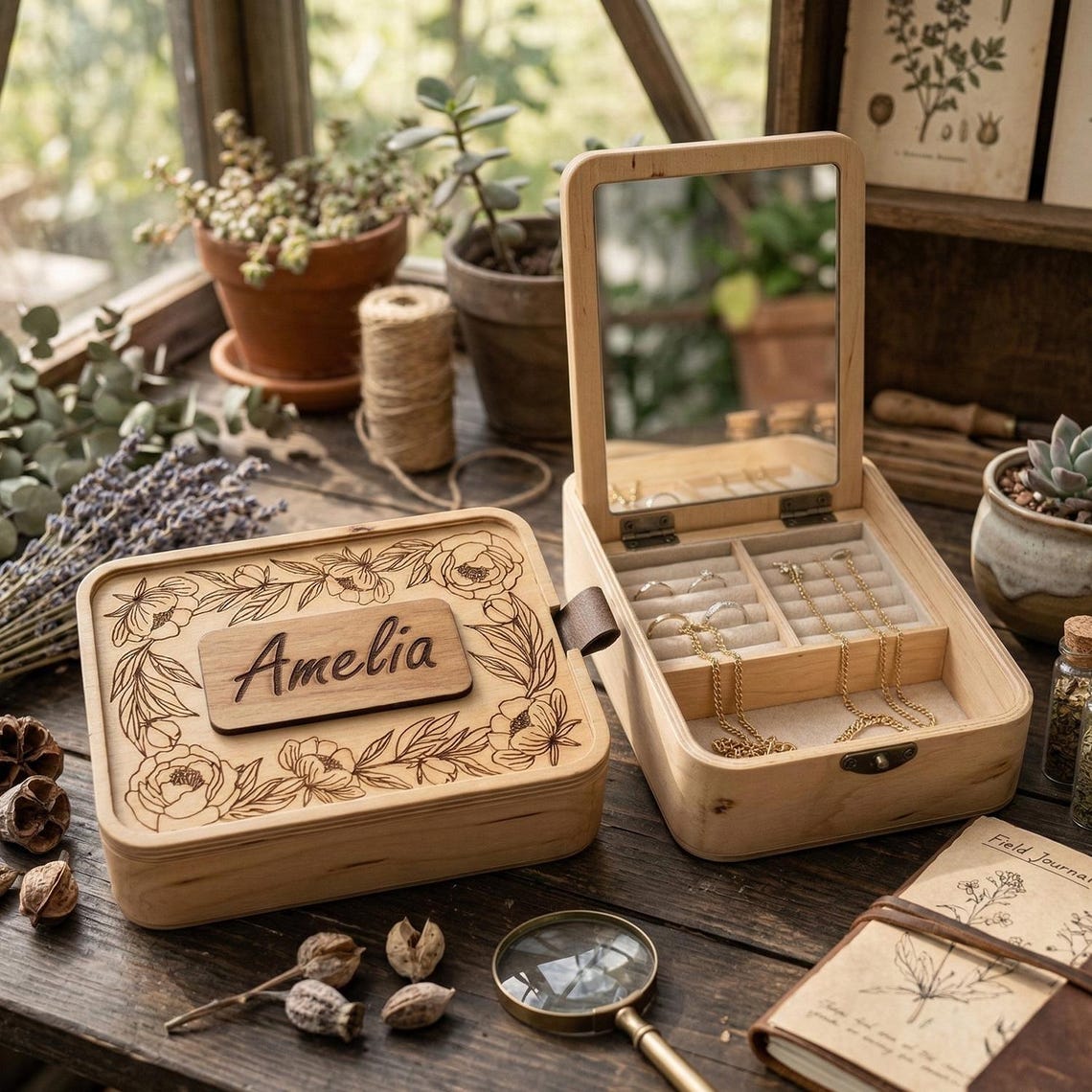 Wooden Jewelry Box With Mirror, Laser Cut Floral Keepsake Organizer ...