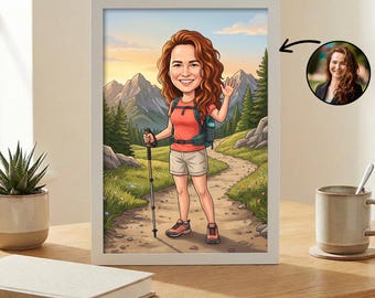 Custom Hiking Caricature from Photo, Personalized Woman Hiker Portrait, Mountain Adventure Gift for Her, Outdoor Lover Wall Art