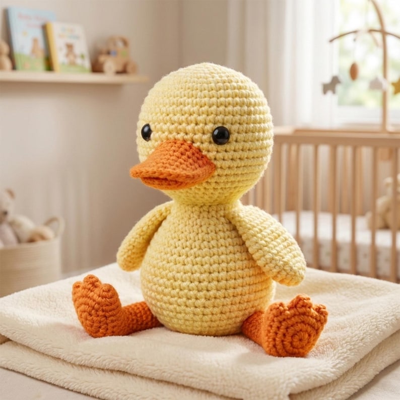 Pu&ograve; includere: Un'anatra all'uncinetto gialla fatta a mano con becco e piedi arancioni. L'anatra ha occhi neri ed &egrave; seduta su una coperta color crema. Questo morbido giocattolo &egrave; perfetto per una cameretta o come regalo per il baby shower.