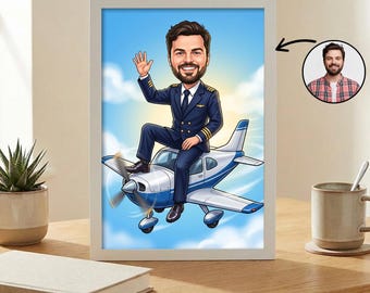 Custom Pilot Caricature From Photo, Personalized Airplane Pilot Portrait, Aviator Cartoon Gift for Aviation Lovers