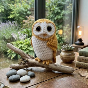 May include: A handcrafted crochet owl with large black eyes, perched on driftwood. The owl has a white body with golden-yellow wings and head. The background includes a window with greenery and a small succulent plant in a pot.