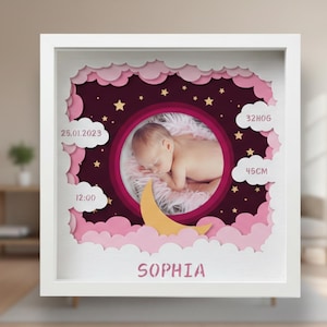 Op de afbeelding: Een wit omkaderd papieren kunstwerk met een babyfoto in het midden. Het ontwerp bevat roze gelaagde wolken, een gele halve maan en steraccenten. Tekst bevat de naam van de baby, "SOPHIA", en geboortegegevens: datum, tijd en lengte van 45 cm.