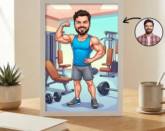 Custom Gym Caricature From Photo, Personalized Fitness Portrait, Gym Lover Gift for Him, Bodybuilder Cartoon Portrait, Workout Illustration