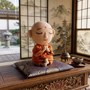Pode incluir: Uma boneca de monge de crochê com uma túnica laranja está sentada em uma almofada azul estampada. A boneca tem olhos fechados, um ponto vermelho na testa e mãos juntas. A cena inclui uma mesa de madeira, uma xícara de chá e um fundo tradicional japonês.