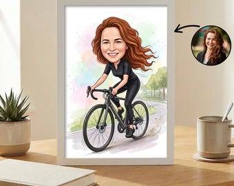 Custom Female Cyclist Caricature Portrait, Personalized Bike Rider Cartoon Drawing (Digital Gift)